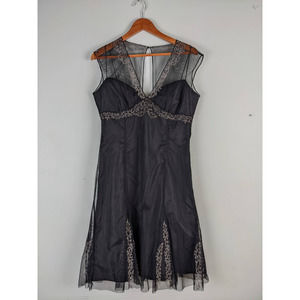 London Times Embroidered Lingerie Inspired Tulle Midi Dress Cocktail Black Sz 10
